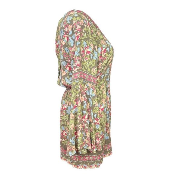 Angie Boho Mixed Floral Print Bell Sleeve Romper Green Pink M - Picture 3 of 8